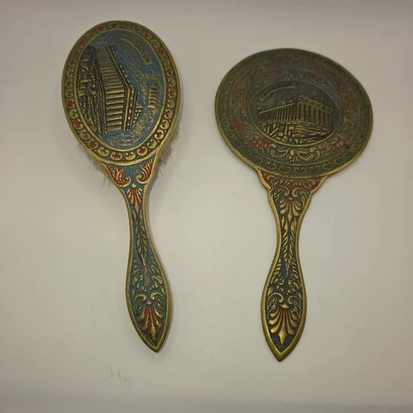 Vintage Brass Parthenon Greece‎ Hand Mirror and Hair Brush Vanity Set Ornate