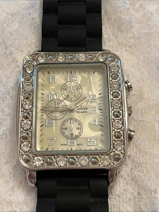 Collezio Women's Silver Crystal-Trim Watch with Black Strap