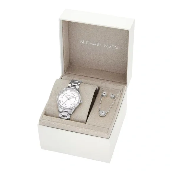 Michael Kors Women's Lauryn Three-Hand Stainless Steel Watch, Earrings and Neckl