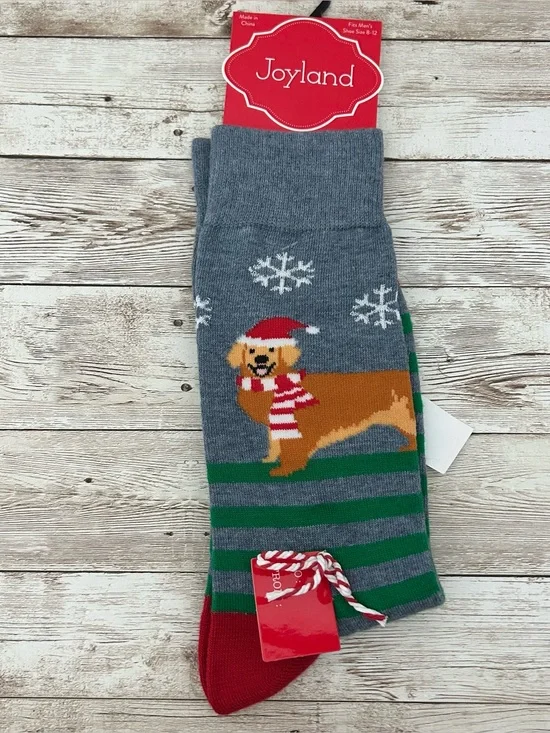 NWT Joyland Belk Mens Holiday Themed Golden Retriever Dog Socks in Grey sz 8-12