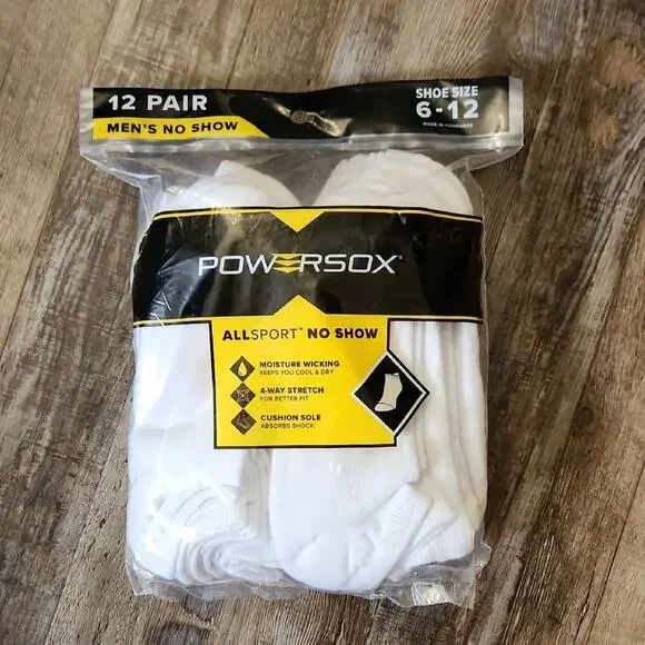 Powersox Men's‎ No Show White Socks 12 Pack Size 6-12 Wicking Cushion Sole