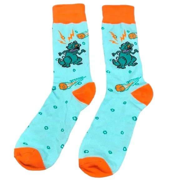 NICKELODEON RUGRATS REPTAR NOVELTY GREEN AND ORANGE CREW SOCKS