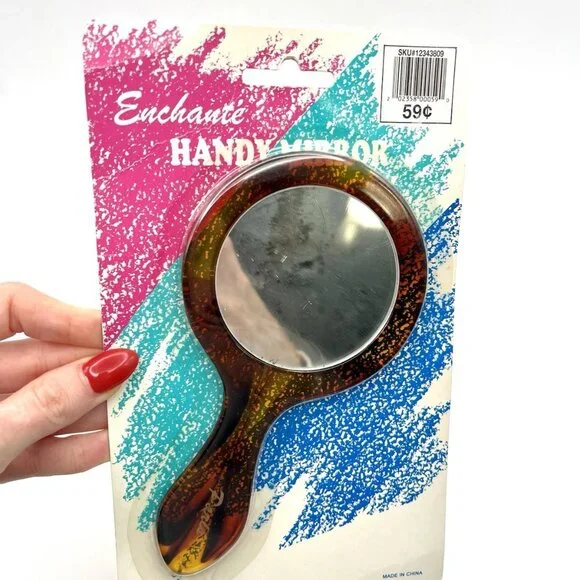 Vintage 80s Enchanté Paris Hand Mirror Sealed Retro Amber Faux Tortoiseshell