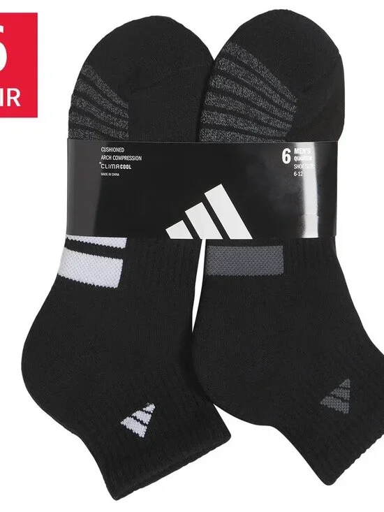 Adidas Men's Quarter Socks with Climacool & Arch Compression 6 pair, Black , NWT