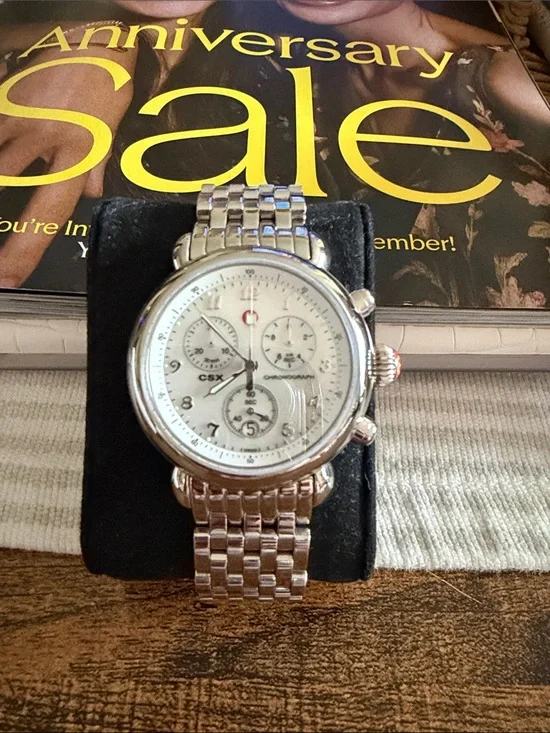 Michele Silver Stainless Steel Chronograph Watch with White Dial