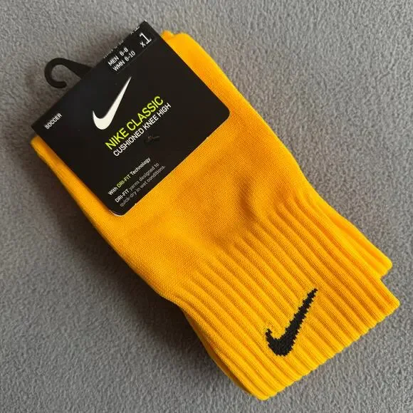 Nike Classic Cushioned Knee‎ High Soccer Sock Dri FIt Gold M 6-8 / W 6-10 Swoosh