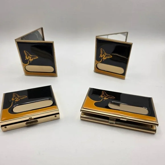 Vtg MCM Butterfly Enamel Vanity Set 4pc Pill Box Card Case‎ Mirror Picture Frame
