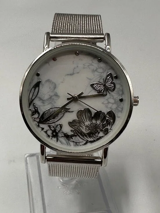 Accutime Women Watch Floral Butterfly Dial Silver Tone Mesh Band New Battery