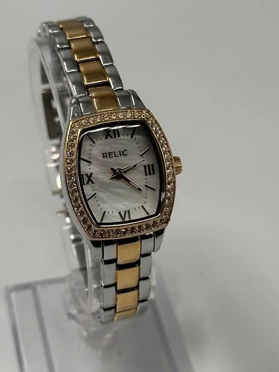3/$30 Relic Watch Women Silver Gold Two Tone Mother of Pearl Dial New Battery 7