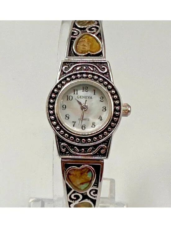 3/$30 Geneva Watch Women Silver Abalone Heart Stretch Band New Battery 6.75