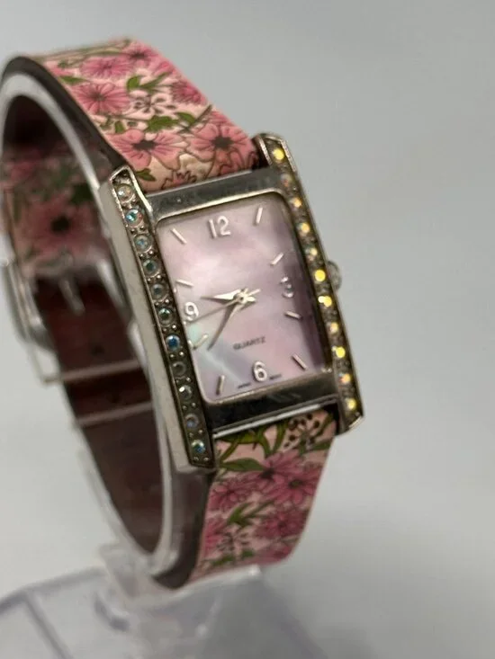 3/$30 Women Watch Silver Pink Mother of Pearl Dial Floral Leather Band Works