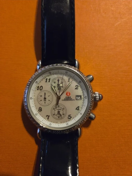 Michele Women's White Dial Chronograph Watch with Black Patent Strap