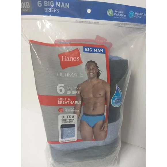 Hanes‎ Ultimate Men's 3XB Big Man Tagless Briefs Underwear 6 Pack Blue