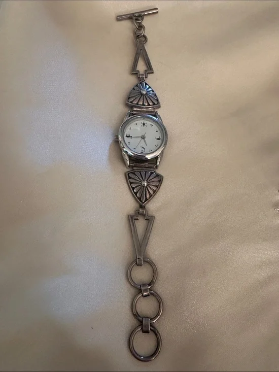 Sterling Silver-Tone Floral Dial Women's Bracelet Watch