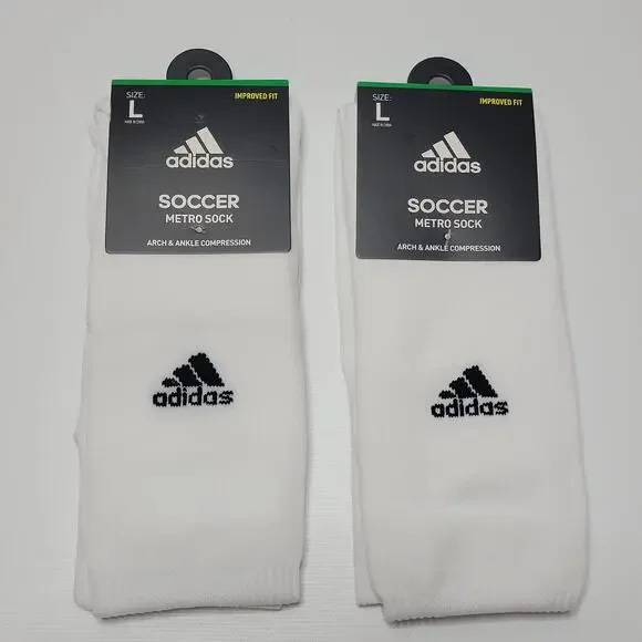 LOT OF 2 ADIDAS SOCCER METRO SOCK ARCH & ANKLE COMPRESSION Sz L 9-13 WHITE SOCKS