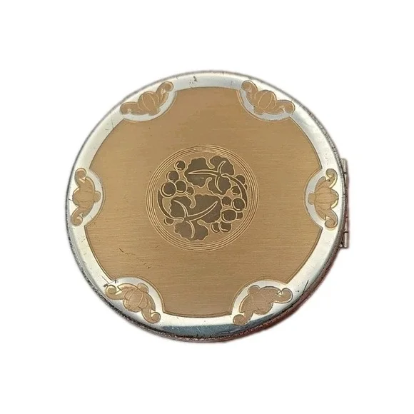 Vintage Elgin American Beauty Powder Compact Etched Two Tone Floral 1950s Mirror