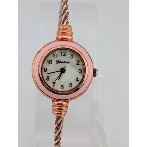 Geneva Watch Women Pink 23mm Case‎ Cable Wire Bangle Band- New Battery