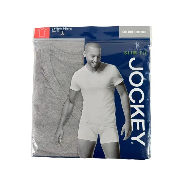 Jockey Men Slim Fit V-Neck T-Shirts 2-Pack Cotton Stretch Grey Size S NWT