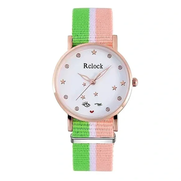Watch Women’s Analog Round  Preppy Stripe Canvas Buckle Band Green Coral