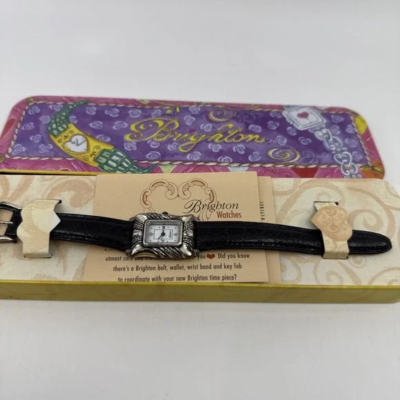 Brighton Watch Black leather band rectangle Silver tone Needs Battery Case Paper