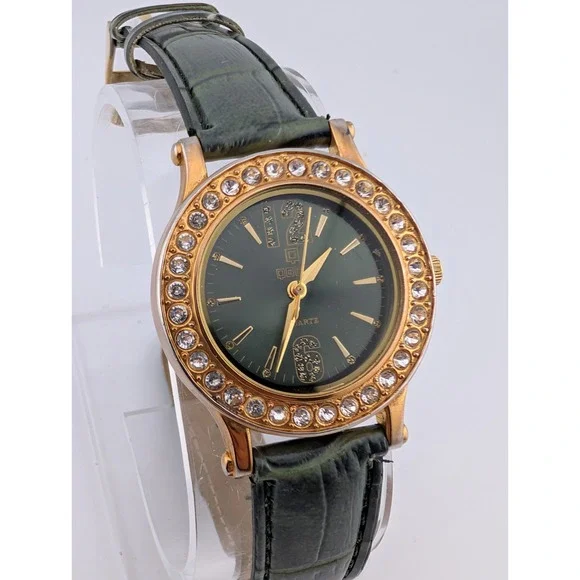 QBOS Limited Edition Watch Gold‎ Case Olive Green Leather Band- New Battery