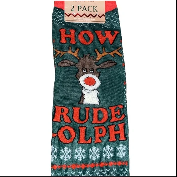 2-Pk Of X-Mas Reindeer Socks & Plaid -Green & Red Mens High Socks “How Rude Off”