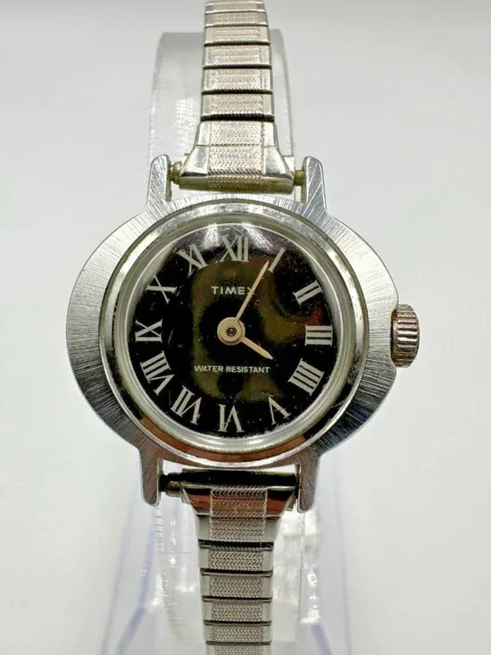 Timex Manual Wind Watch Women Silver Tone Brown Dial Stretch Band 6.75 Inch