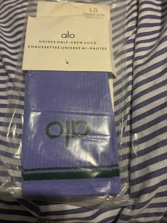 ALO Yoga Lavender Half-Crew Socks with Green Logo Stripe