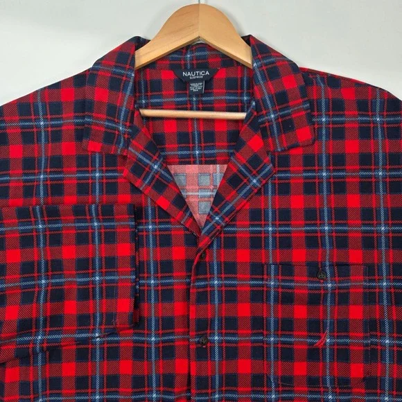 Nautica Pajama Shirt Men XXL Red Blue Plaid Sleepwear Long Sleeve Button Up Top