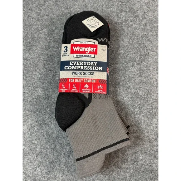 Wrangler Everyday Compression Work Socks Men 6-12 Gray NWT 3 Pack Quarter
