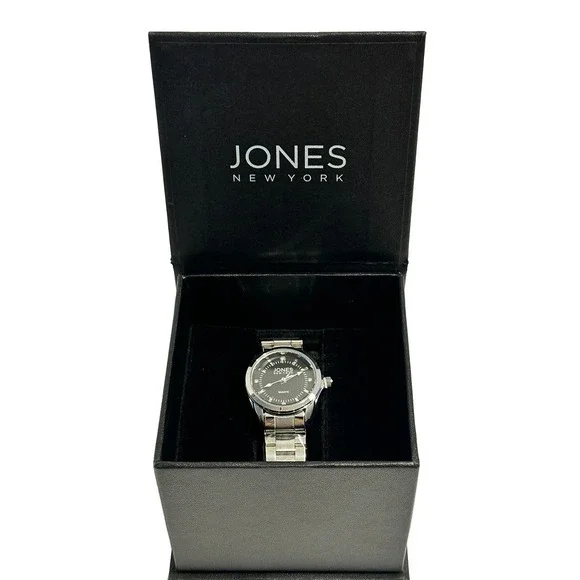 Jones New York JNYW2419L Women's Silver Tone Quartz Watch Black Dial NWT Box