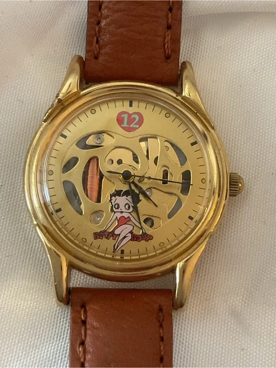 Betty Boop Gold Tone Mechanical Watch with Brown Leather Strap Never Used