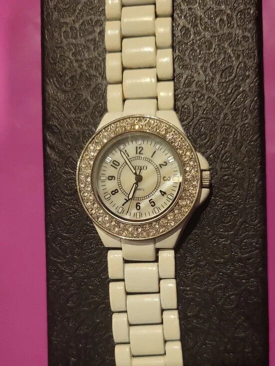 XOXO White Crystal-Accent Ceramic Link Watch