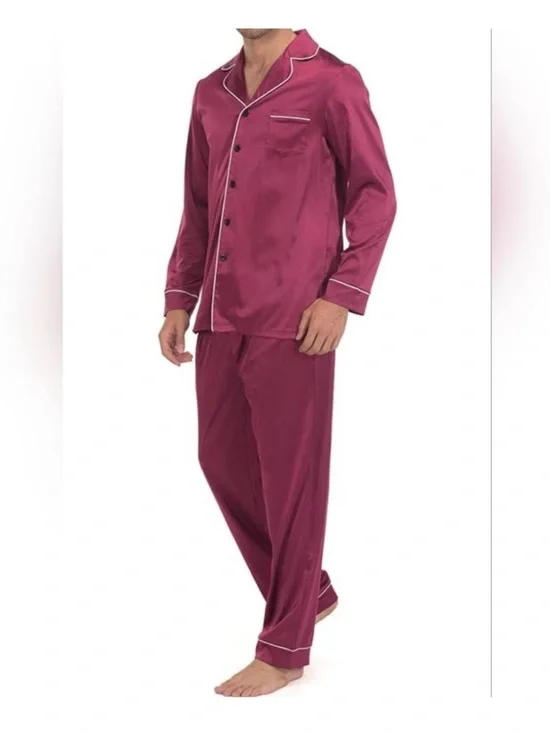 Men's Satin Pajama Set Button Down Silky Pj Sets Sleepwear Loungewear Sz XXL