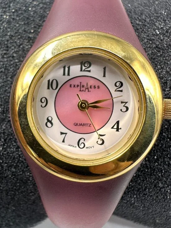 Vintage LA Express Watch Women Gold Tone Pink Lucite Band New Battery 6.75