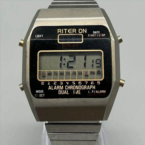 Vintage Criterion Mens Watch 34mm Alarm Chronograph Digital Stretch Solar