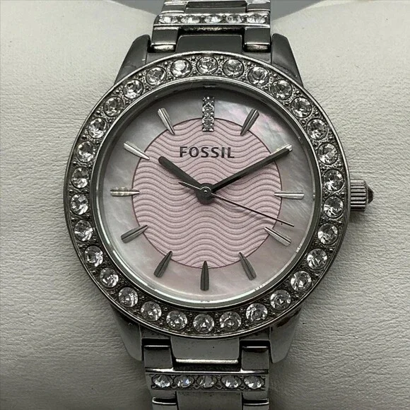 Fossil Womens Watch 34mm Pink MOP Crystals Stainless Bracelet New Battery 6