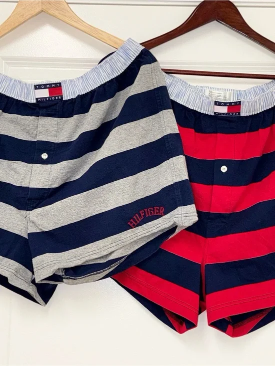 Tommy Hilfiger Men’s Large Striped Boxer Shorts – Navy, Gray & Red Lot Of 2