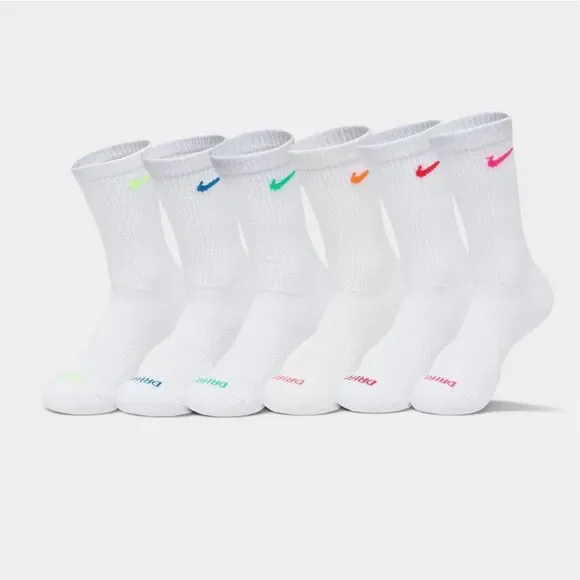 #44. Nike White/Color Swoosh 6Pk Everyday Plus Cushion Crew Socks NWT