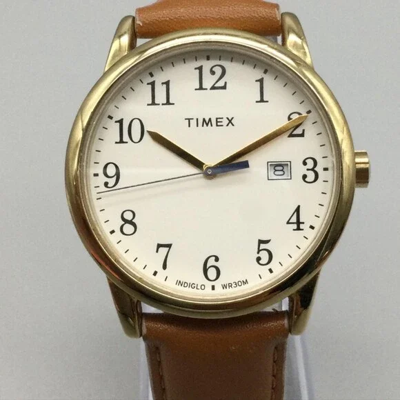 Timex Mens Watch 38mm Gold Tone Brown Leather Band Indiglo Date TW2R62700