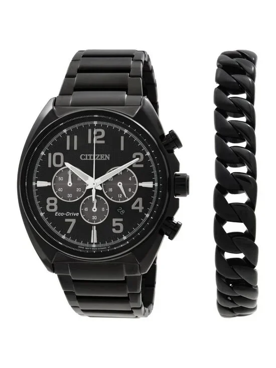 NWT Citizen Chronograph Black Dial Men's Watch and Bracelet Box Set