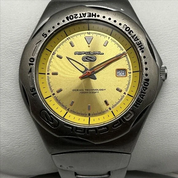 Rip Curl Ocean Technology Mens Watch 40mm Gold Tone Date New Battery 7.25