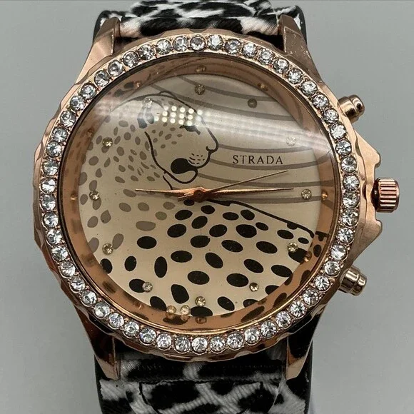 Strada Womens Watch 48mm Cheetah Dial Crystals Animal Print Band New Battery
