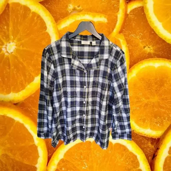 L.L.Bean Flannel PJ Top V Neck Blue,‎ Yellow and White Size Large