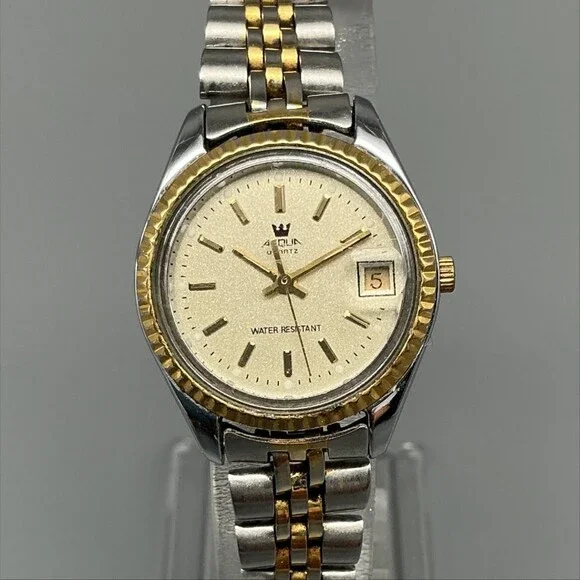 Vintage Timex Aqua Womens Watch 25mm Two Tone Date Fluted New Battery 6.75