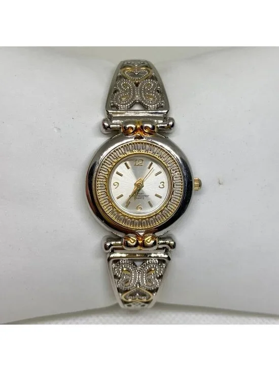Women’s vintage watch quartz analog silver gold tone 25mm round running