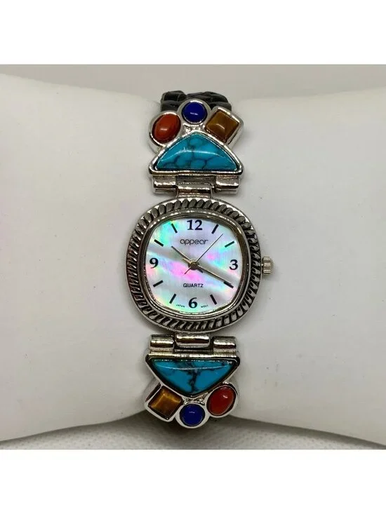 Appear women silver tone watch colorful stones 25mm mop dial quartz running