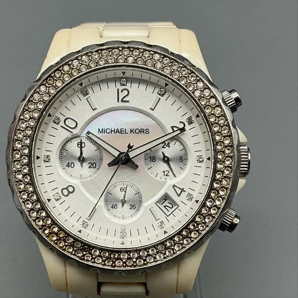 Michael Kors MK-5300 Womens Watch 41mm MOP Resin Chronograph New Battery 6.5