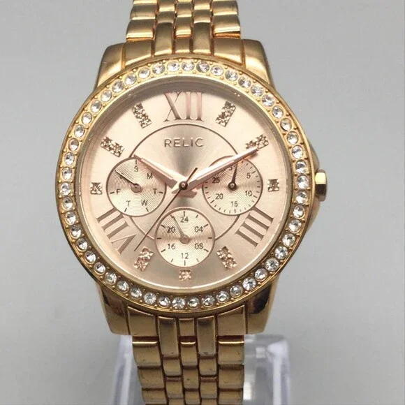 Relic Womens Watch 35mm Rose Gold Dial Crystal Bezel Gold Tone New Battery 6.5