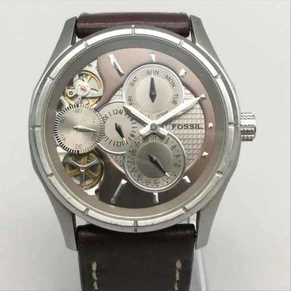 Fossil Twist Mens Watch 42mm Brown Skeleton Dial Leather Automatic Multifunction